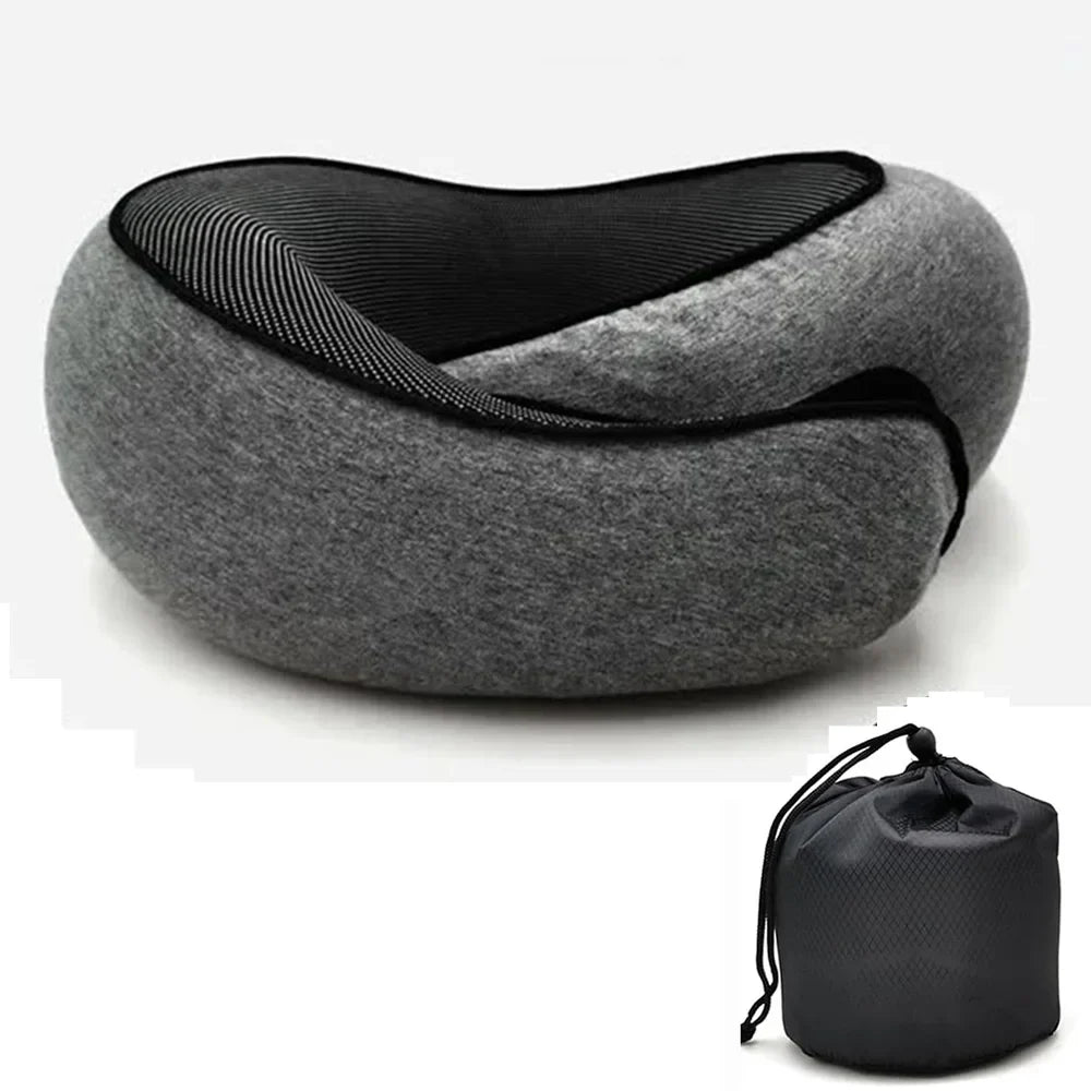 This portable, memory foam travel neck pillow provides custom support for a comfortable